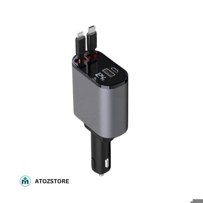 Adaptateur Voiture Charge Express – USB/USB-C + Câbles Rétractables iPhone, Samsung, Huawei, couleur aléatoir