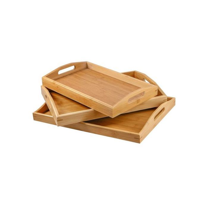 Set de 3 Plateaux De Petit Déjeuner, Plateau De Service En Bambou Avec Poignées