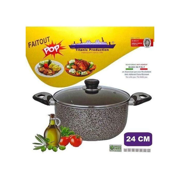 Titanic production Faitout en Granite antiadhérent 24cm, Gamelle avec Poignées & couvercle en verre