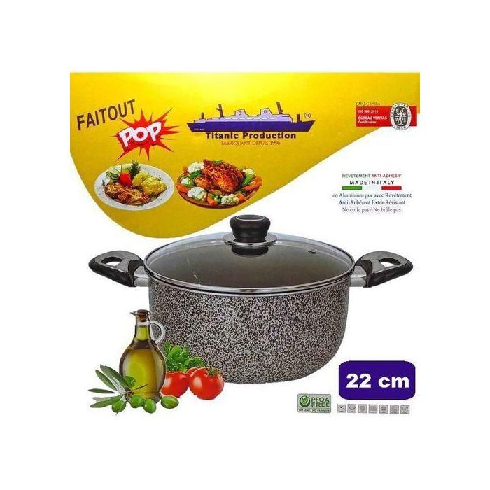 Faitout et gamelle en Granite anti-adhérent avec couvercle en verre, Diamètre 22 Cm