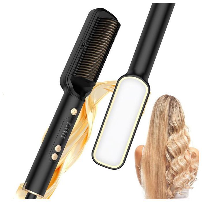 Brosse Lissante Pour Cheveux, Brosse Chauffante Lissante 2 en 1 Avec Générateur Ionique Et Miroir Intégré, 6 Réglages De Température