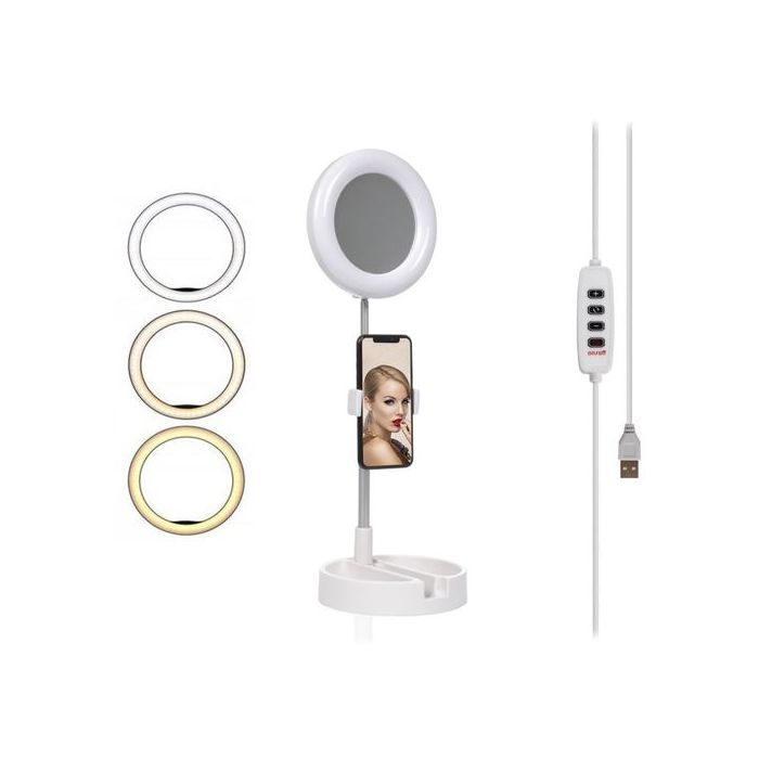 Miroir de maquillage avec ring light extensible et support de téléphone intégré