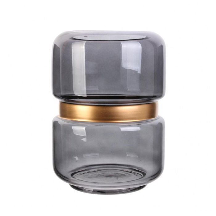 Vase fumé gris - Cerclage doré - H 20.5 cm