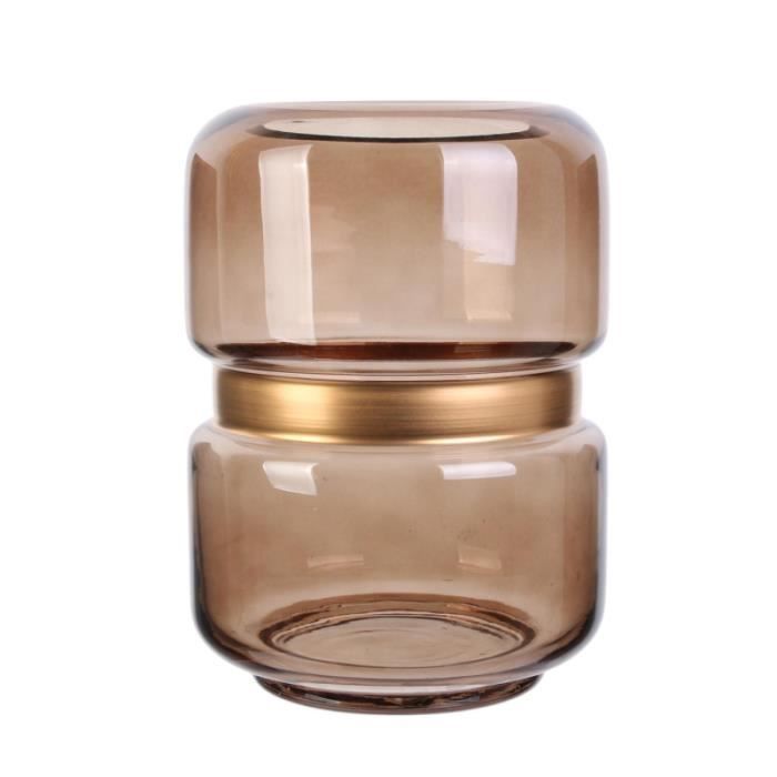 Vase art-déco - AC-DÉCO - Verre marron fumé - Cerclage doré - H 20.5 cm