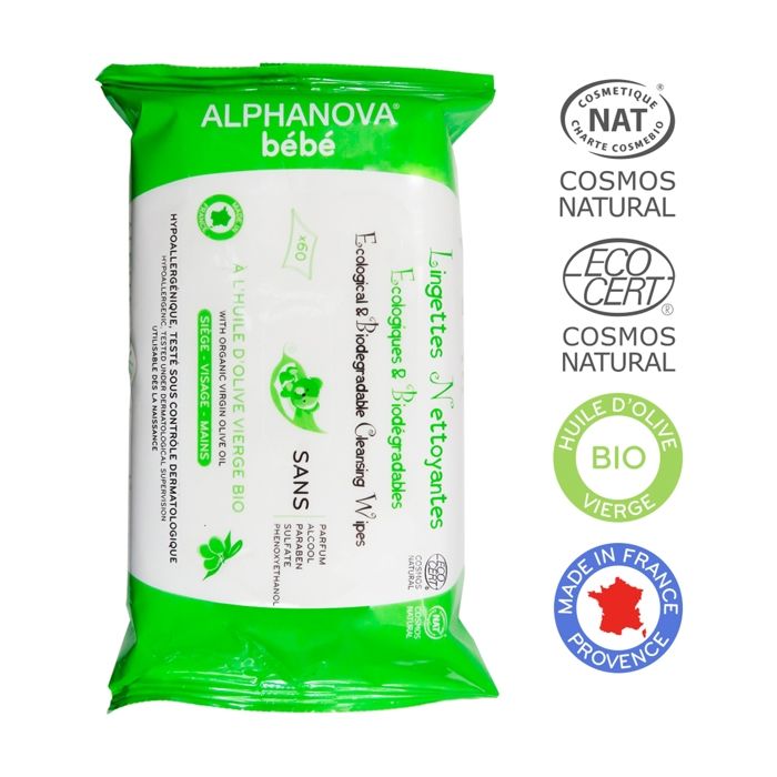 Alphanova Bébé Lingettes Huile Olive et Aloe Sans Parfum Biodégradable Bio 60 unités