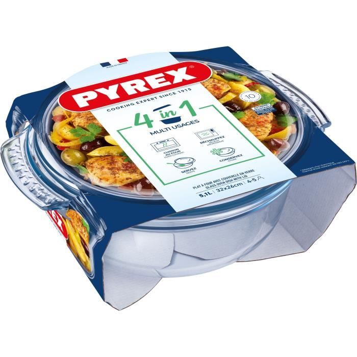 Cocotte - PYREX - 1450074 - Ronde - En verre borosilicate - 5,1 litres - Adapté au congélateur et micro-ondes