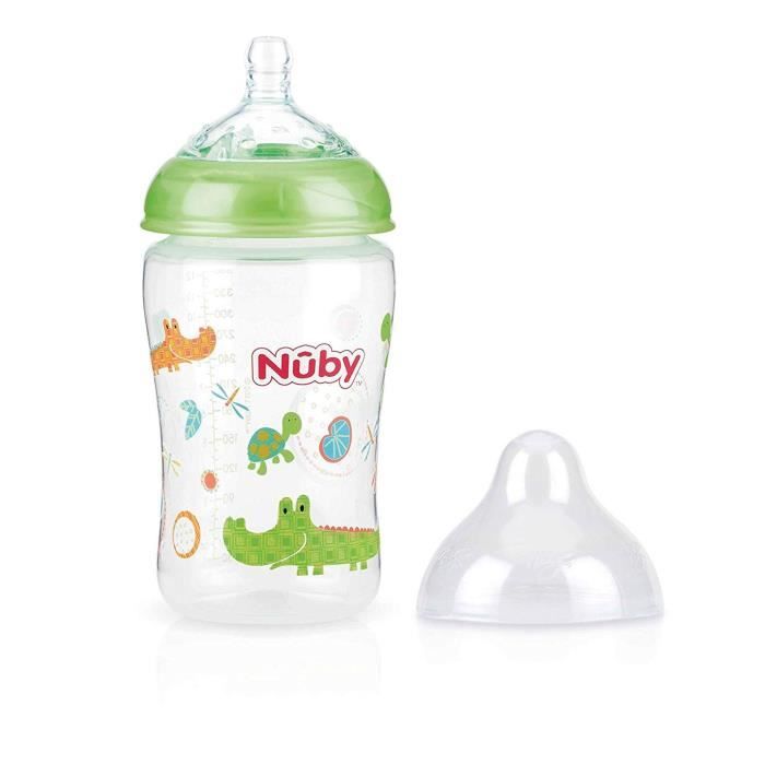 Nuby Biberon Col Large Tétine Débit Moyen Silicone Rose +3m 360ml
