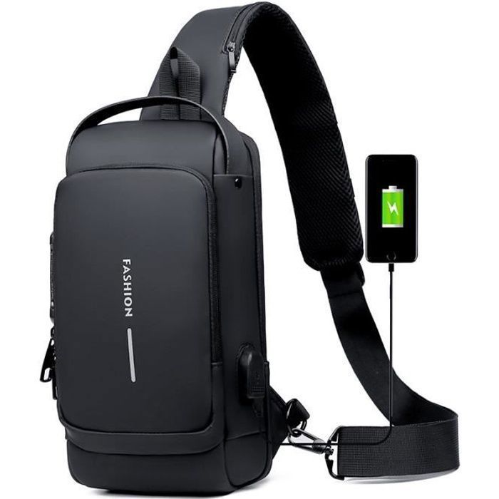 Sac de Poitrine - Antivol - Imperméable - Noir - Port de Charge USB - Homme