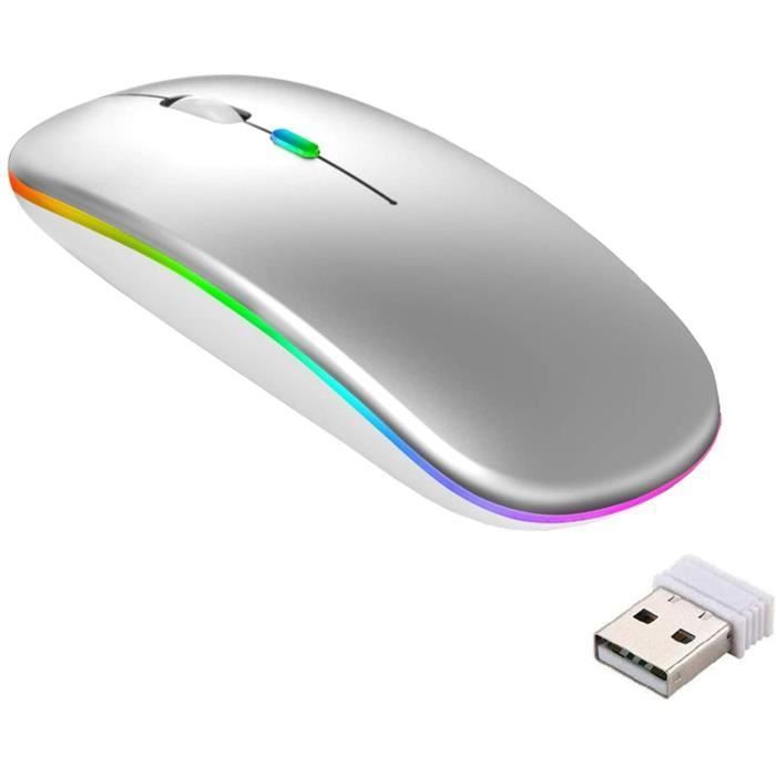 Souris sans Fil Rechargeable - Bluetooth - Argent - 3 Niveaux DPI - Silencieuse - Lumières Colorées