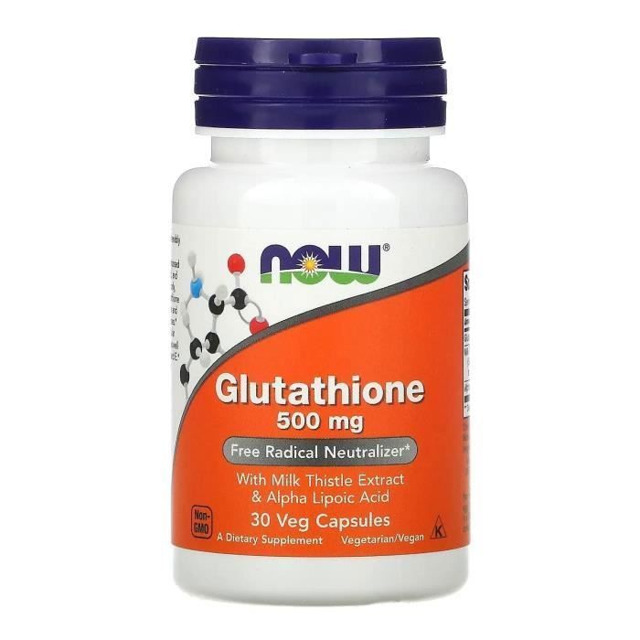 NOW FOODS Glutathione 500mg (Glutathion avec extrait de chardon-marie et acide alpha lipoïque) 30 Gélules Végétariennes