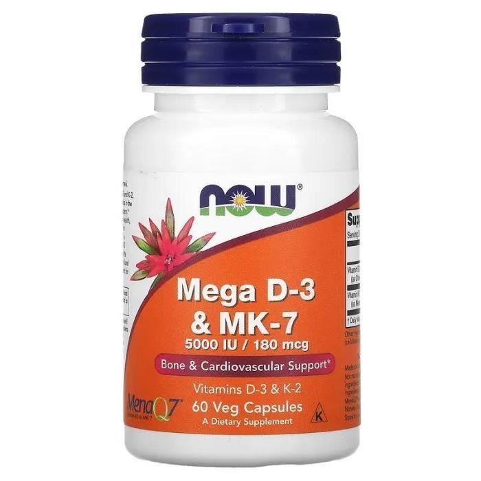 NOW FOODS Mega D-3 and MK-7 500IU / 180mcg (Vitamine D-3 et K-2) 60 Gélules