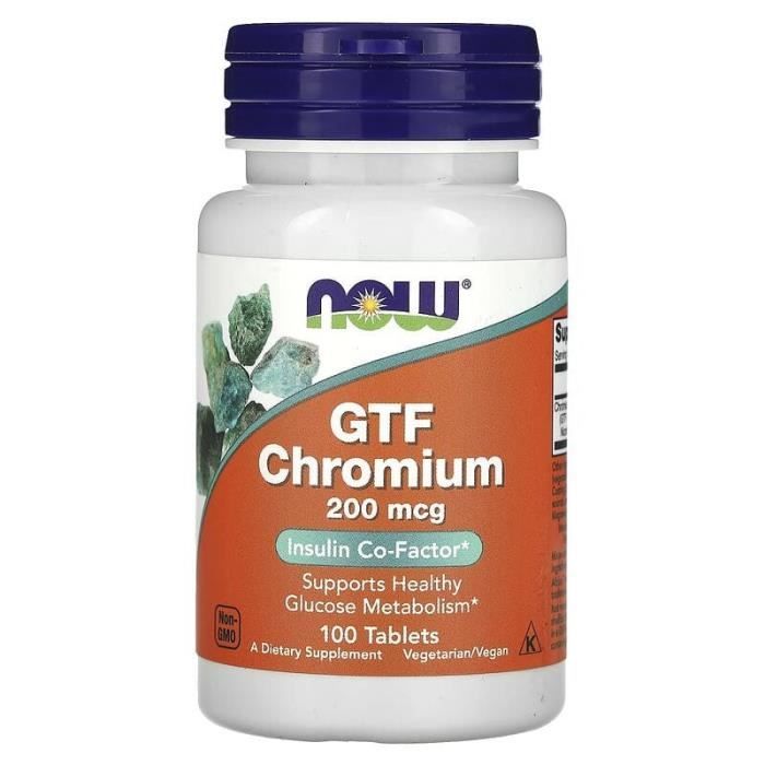 NOW FOODS GTF Chromium 200mcg (Cofacteur de l'insuline, Métabolisme du glucose) 100 Comprimés Végétariens