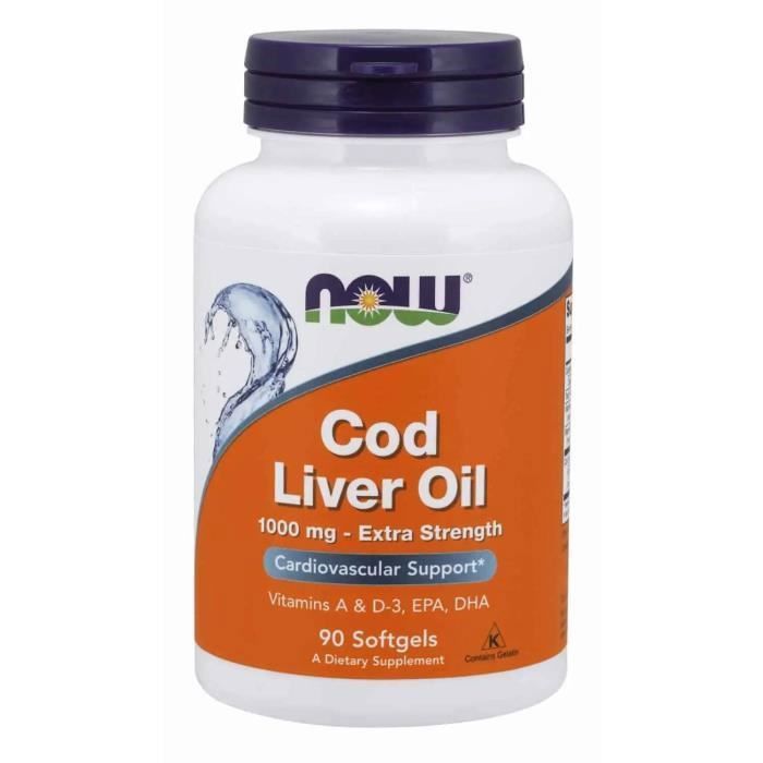 NOW FOODS Cod Liver Oil 1000mg (Huile de foie de morue, EPA DHA, Vitamine A, D3) 90 Softgels