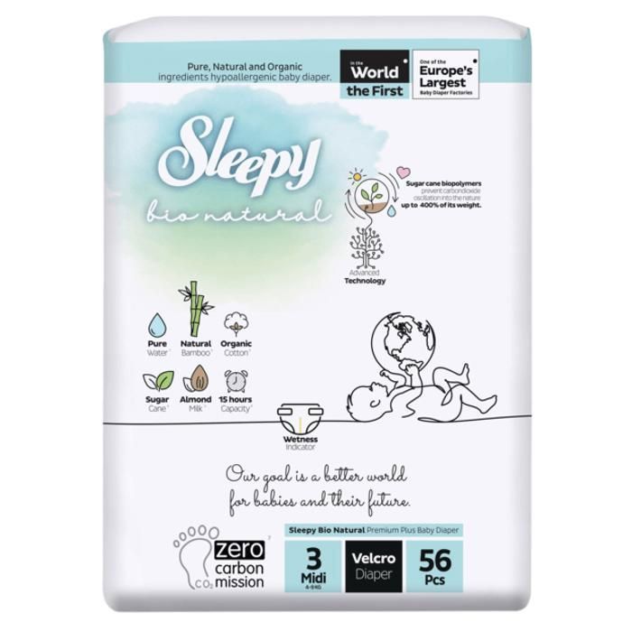 Sleepy Bio Natural – Taille 3 (4‑9 kg) – 56 couches hypoallergéniques naturelles – Oeko‑Tex + 15 h de protection
