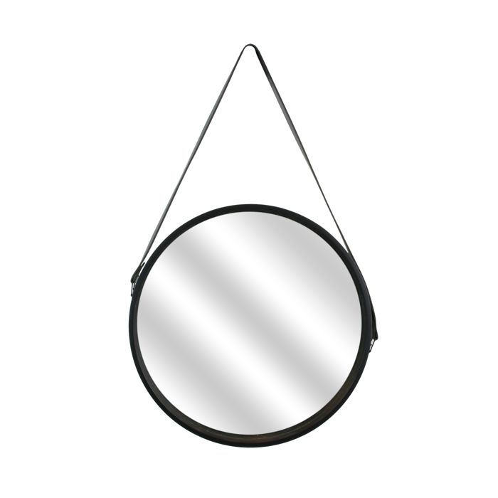 Miroir rond - Noir - 40 cm - Anse en PU - Style intemporel - Décoration murale