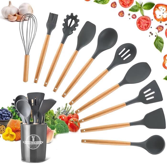 Ustensiles de cuisine en silicone 12 ensembles Spoonula Brush Fouet Spatule Louche Slotted Turner et Spoon Tongs Pasta Fork