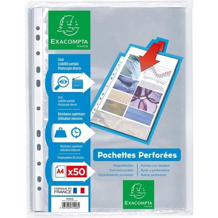 EXACOMPTA - 50 Pochettes perforées - 21 x 29,7 - Polypropylène lisse incolore 55µ - 11 trous - Sous film