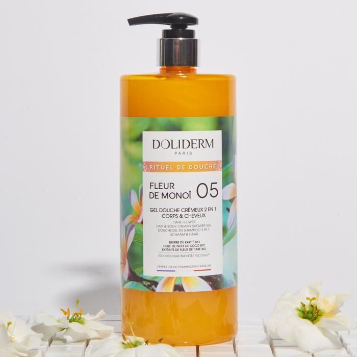Gel douche - Doliderm - Fleur de Monoï - 2 en 1 - Sans alcool - Nourrissant