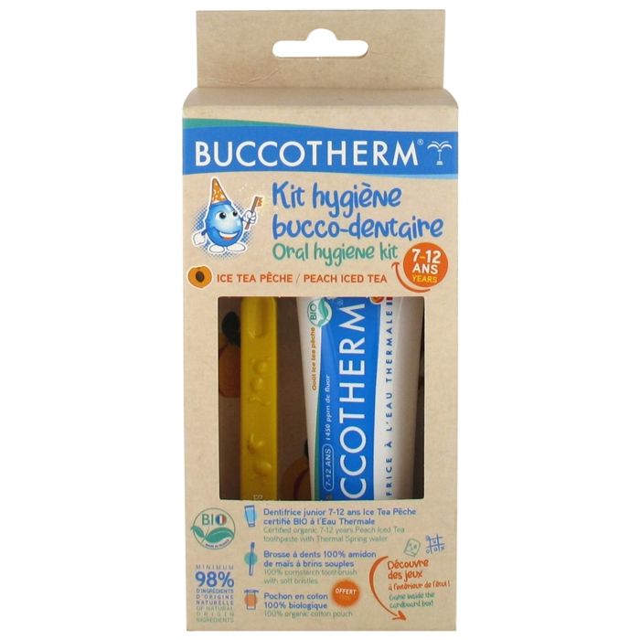 Kit dentaire - Buccotherm - Bio Ice Tea Pêche - 50ml - Brosse à dent souple - Pochon coton bio