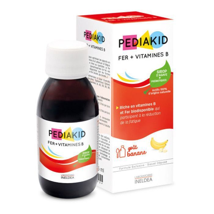 PEDIAKID - Fer + Vitamines B - Formule Exclusive au Sirop d'Agave - Optimise les Apports en Fer - Goût Banane -125 ml