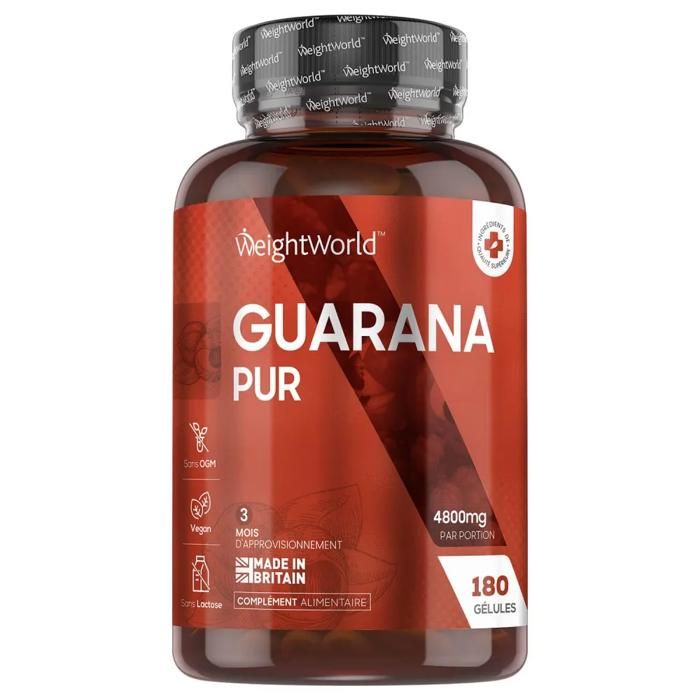 Guarana Pur 4800mg par Portion, Extrait 8:1 - 180 Gélules Vegan (3 mois) - Sport, Fitness - WeightWorld