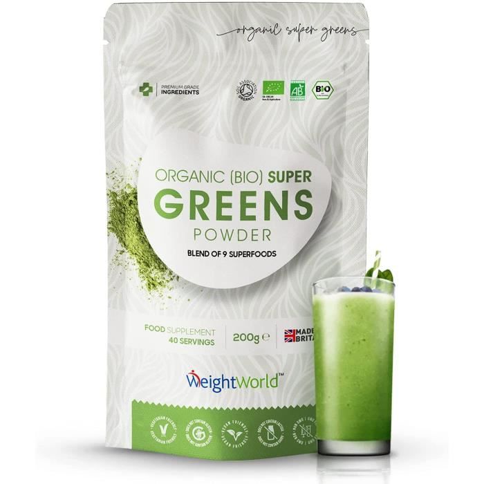 Greens Super Bio Poudre-200g de Guarana Bio, Matcha, Herbe de Blé, Chlorella Powder (Chlorophylle), Acai, Orge, Baobab, Lin, Maca