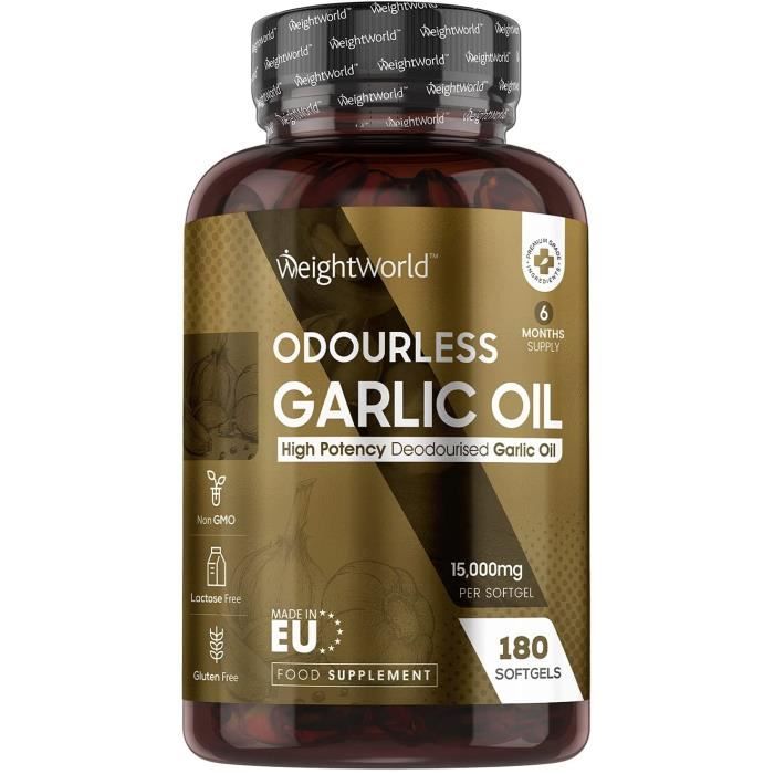 Ail Pur en Gélules Extra Fort Inodore 15 000mg - 180 Gélules (6 mois)-Vitamines B6 B9 B5 B3, Vitamine C, Magnésium