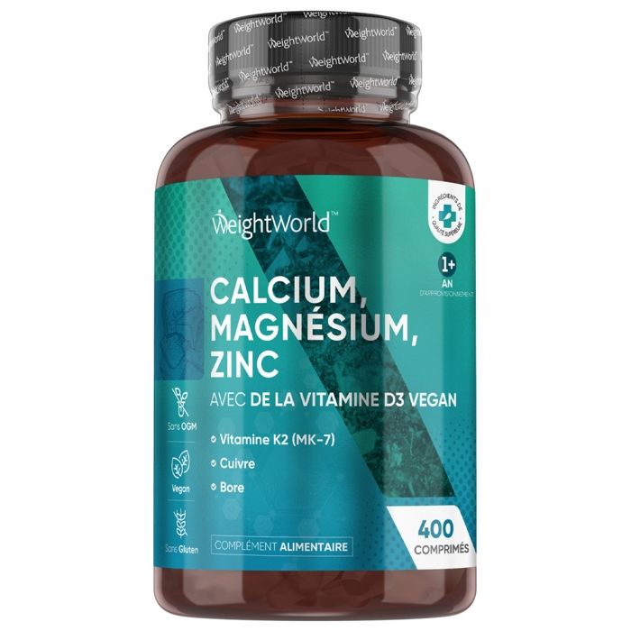 Calcium, Magnésium, Zinc, Vitamine D3 - 400 Comprimés Vegan - Complément Alimentaire avec Vitamine K2, Sélénium - WeightWorld