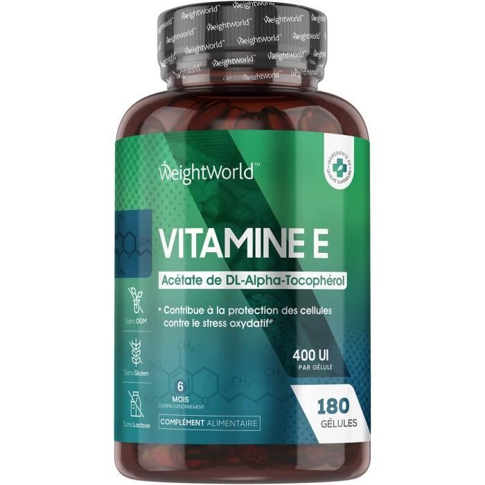 Vitamine E 400 UI - 180 Gélules Haute Absorption - DL Alpha Tocophérol - Huile Naturelle de Vitamine E Encapsulée - WeightWorld
