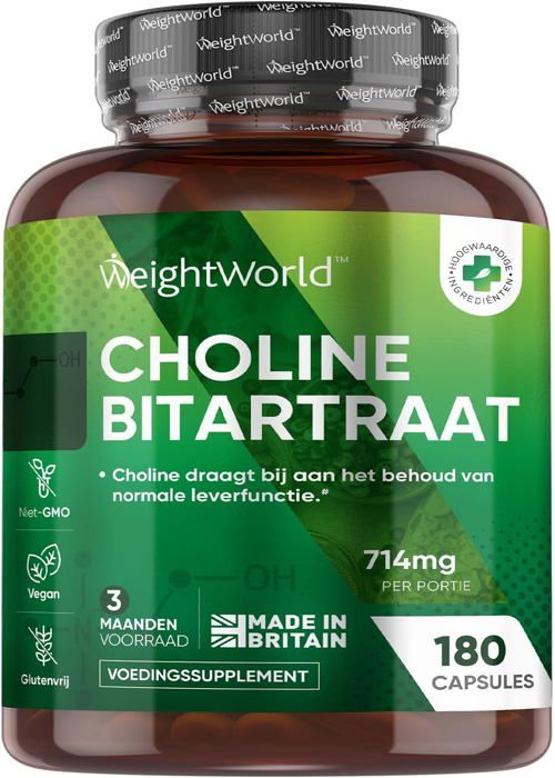 Choline Bitartrate 213.75 mg -180 Gélules (6 Mois) Vegan, Sans Gluten, Sans OGM - Biodisponible, Facile à Avaler - WeigthWorld