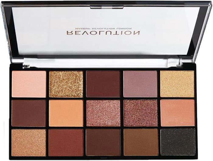 Fard à paupières - Makeup Revolution - Velvet Rose - 15 nuances - Beiges et marrons - Paillettes cuivrées