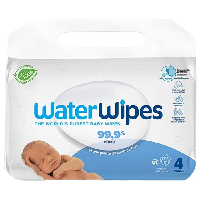 Lingettes pour bébé - WaterWipes - Pack économique 4x60 - 99,9% d'eau - Hypoallergénique - Naturelles