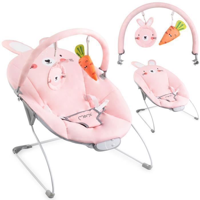 MoMi GLOSSY – Transat Bébé Léger avec Module Sensoriel – 8 Mélodies – Vibration 3 Niveaux – Jouets – Lapin Rose