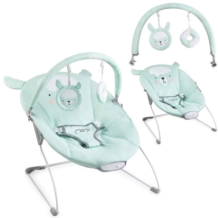 MoMi GLOSSY – Transat Bébé Léger avec Module Sensoriel – 8 Mélodies – Vibration 3 Niveaux – Jouets – Lama Vert