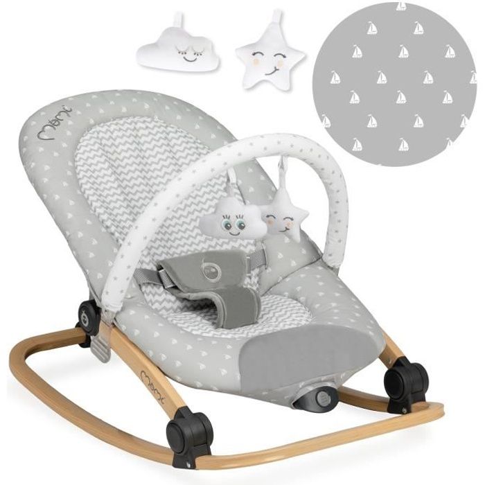 Transat Bébé - MoMi LUMIWOOD - Gris étoiles - mélodies - vibration - arche à jouets