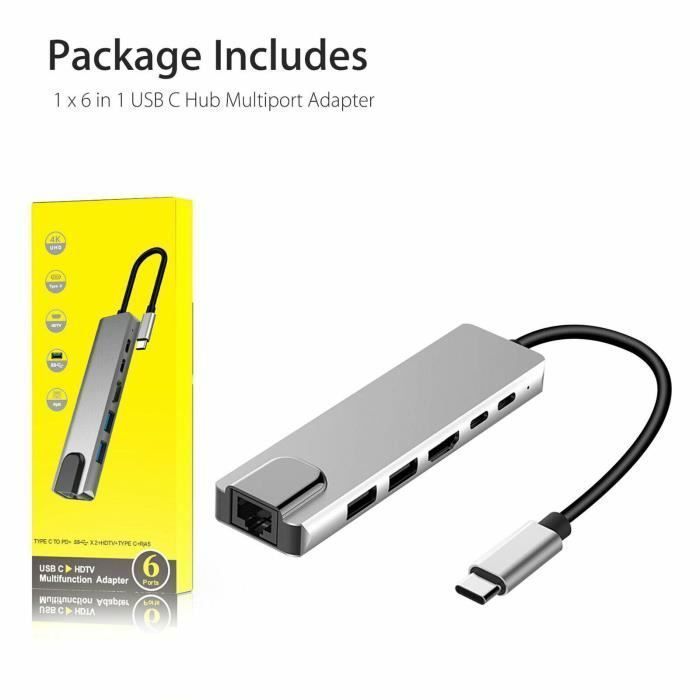 Station d'accueil USB C - Non spécifié - Adaptateur HDMI 4K - 6 Ports - Charge PD 87W - Argent