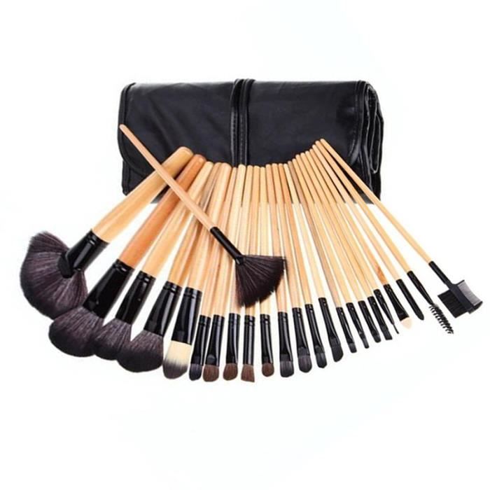 Pinceaux Maquillage - Set de 24 - Manche en bois - Sac Jaune - Brosse Professionnelle