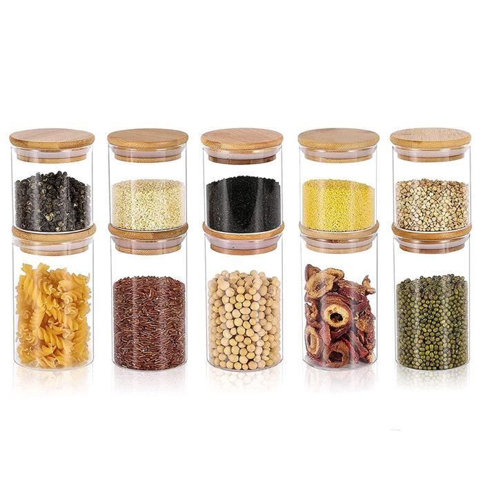 Pots de Conservation - Lot de 10 - Verre Borosilicate - Couvercle en Bambou - Anneau en Silicone