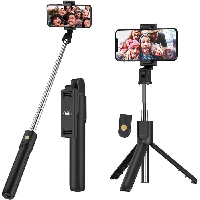 Perche Selfie Bluetooth, Gritin 3 en 1 Selfie Stick Trépied Bâton Selfie Bluetooth Extensible Télescopique Monopode Réglable avec Té
