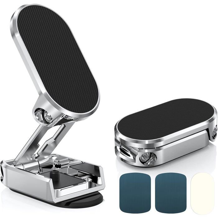 Support Téléphone Voiture Magnetique, Porte Telephone 720° Rotation Pliable, en Alliage Portable pour Tous Les Smartphones -Argent