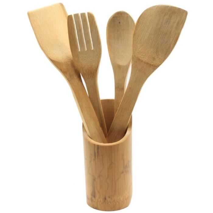 Ustensiles de cuisine - Lot de 4 en bois - Support en bambou - Écologique - Hygiénique - Pratique