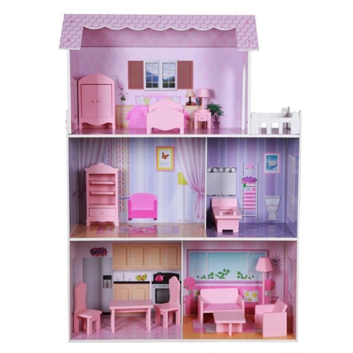 Maison de poupée en bois - WOOMAX - 3 étages - 13 meubles inclus