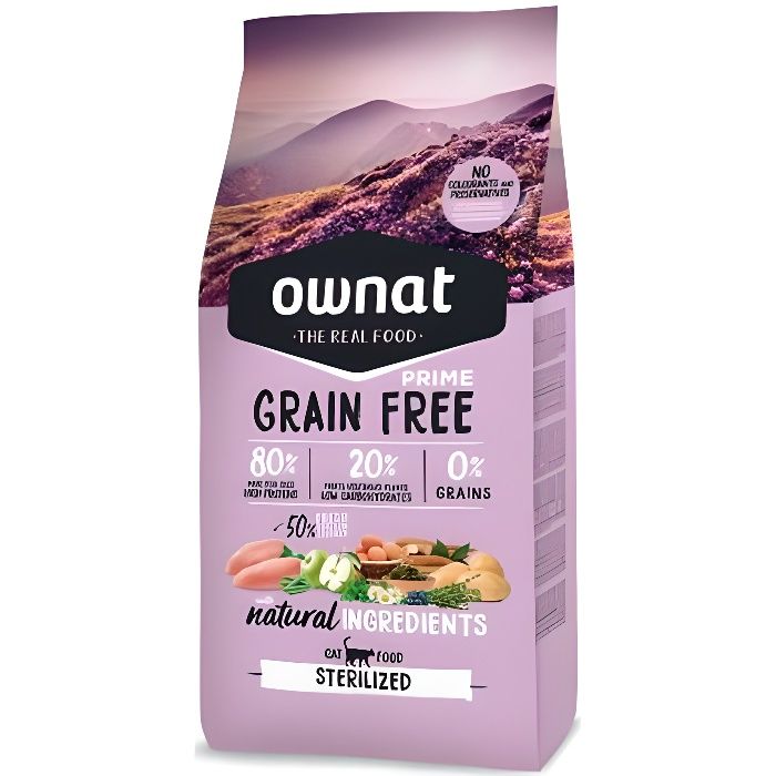 Croquettes pour chat stérilisé Ownat Grain Free Prime 8kg - Sans céréales - Digestion facile