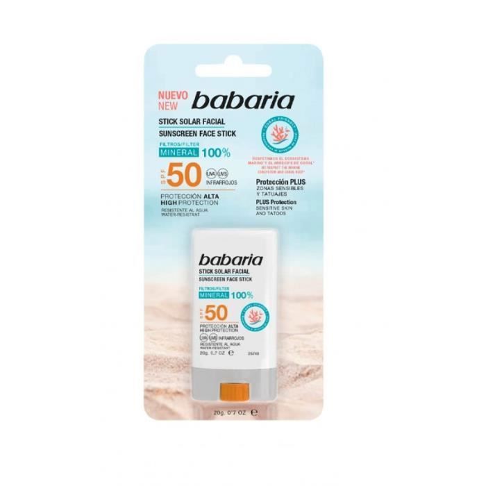 Stick solaire - Babaria - SPF 50 - Waterproof - Protection UV - Usage facial et zones sensibles