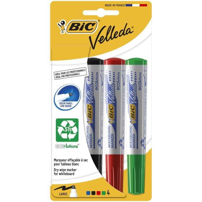 BIC Velleda 1701 ECOlutions Feutres pour Tableau Blanc Effaçables à Sec à Pointe Conique Moyenne -Blister de 4