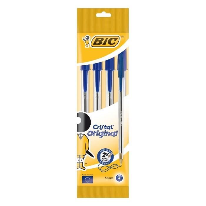 Stylos à bille Cristal® Original - BIC - Lot de 4 - Encre bleue - Pointe moyenne - Corps transparent