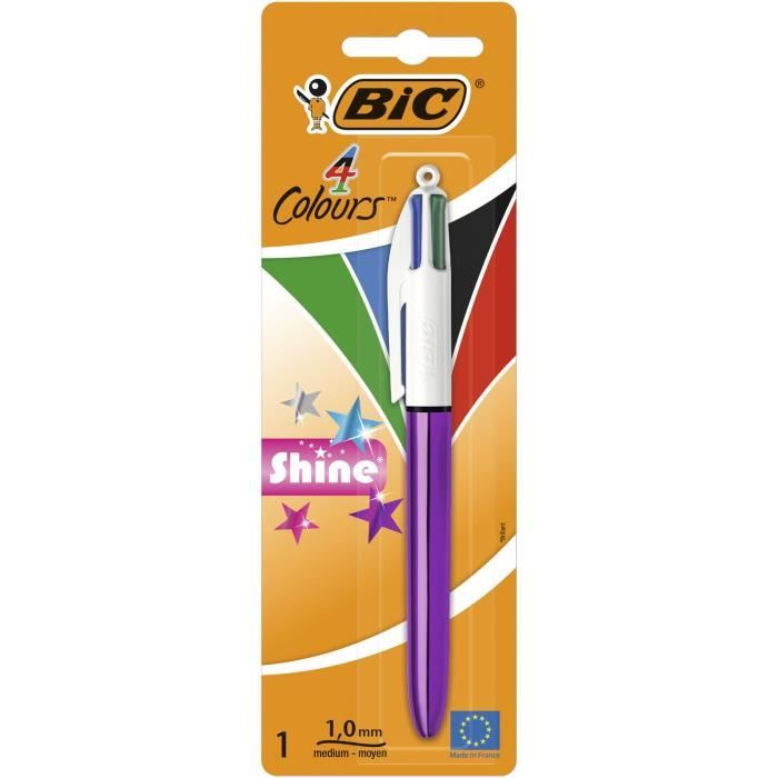 BIC 4 Couleurs Shine Stylo-Bille Rétractable Pointe Moyenne (1,0 mm) - Corps Assortis Métallisés, Blister de 1