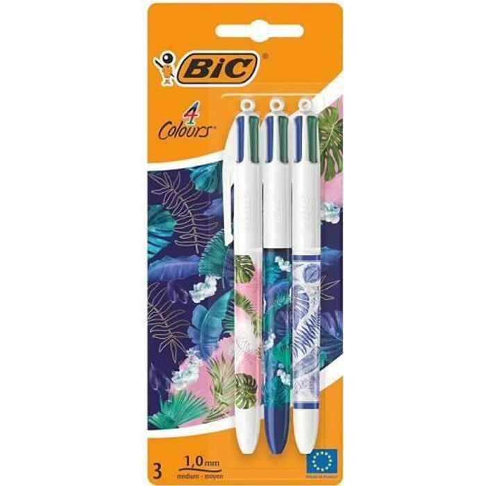 Stylo-Bille - BIC - 4 Couleurs - Décors Assortis - Rechargeable - Pointe Moyenne