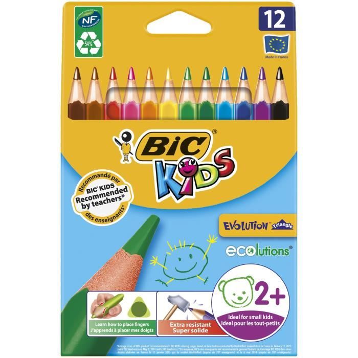 BIC Kids Evolution Triangle ECOlutions Crayons de Couleurs Triangulaires - Couleurs Assorties, Etui Carton de 12