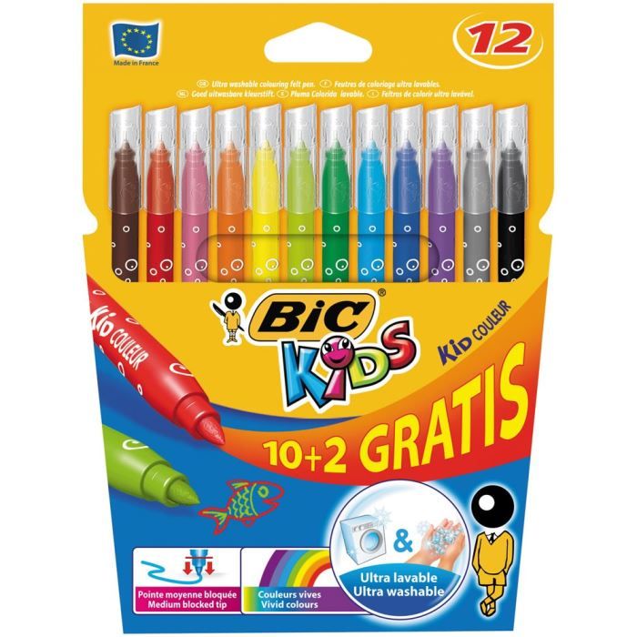 Feutres de coloriage - BIC - Pochette de 10 + 2 Gratuits - 12 Couleurs - Pointe moyenne - Ultra-lavable